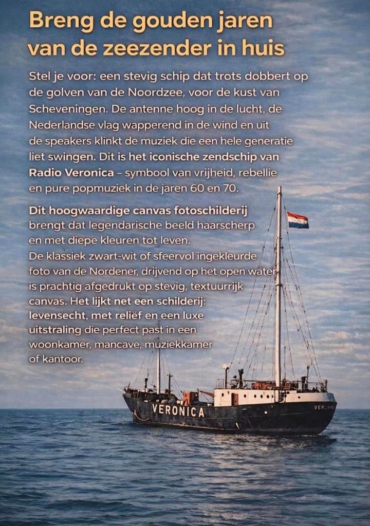 Canvas fotoprint zendschip Norderney Radio Veronica, 50 tot 75 cm, Nieuw, Ophalen of Verzenden, Print