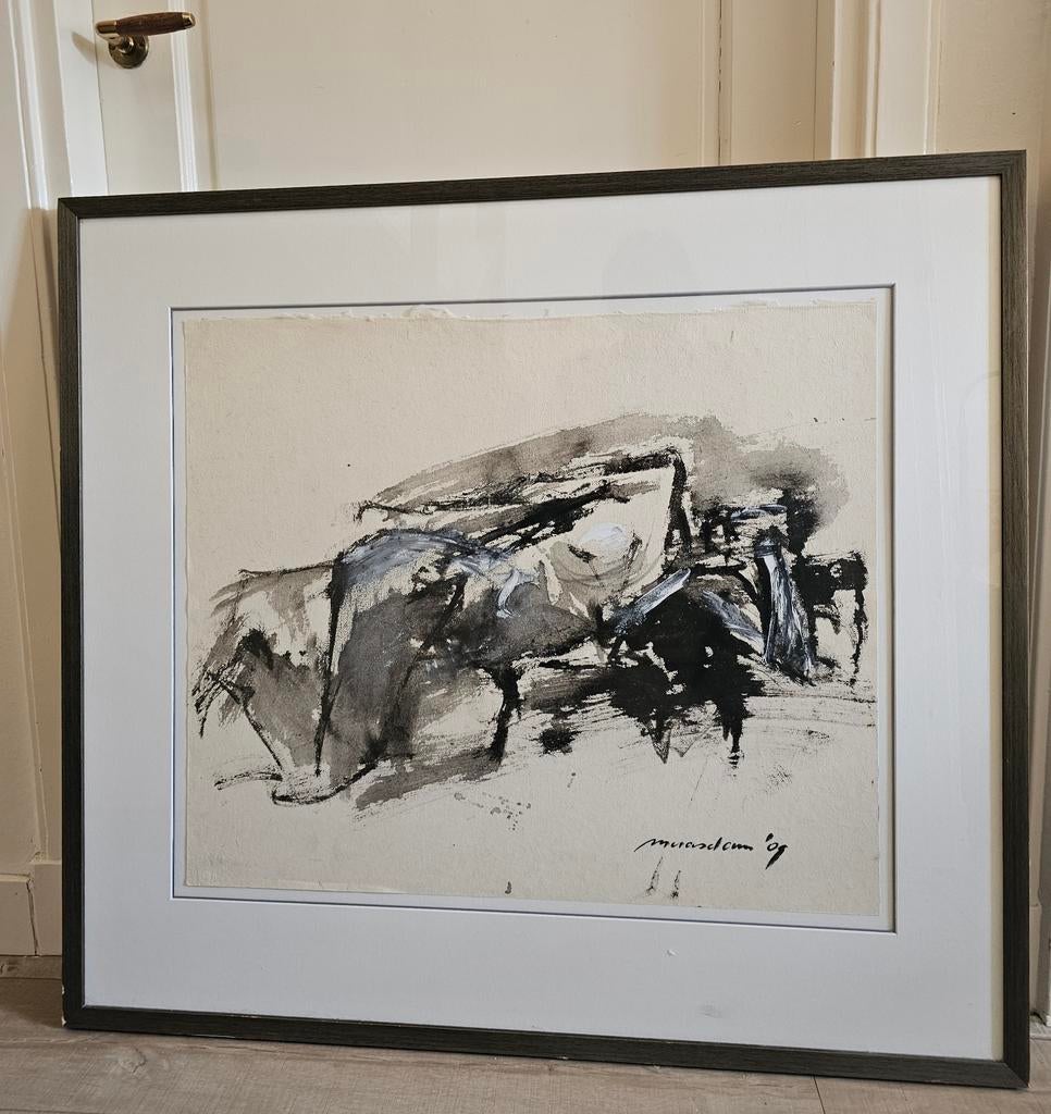 Zwart /wit schilderij met passe partout en lijst, Ophalen