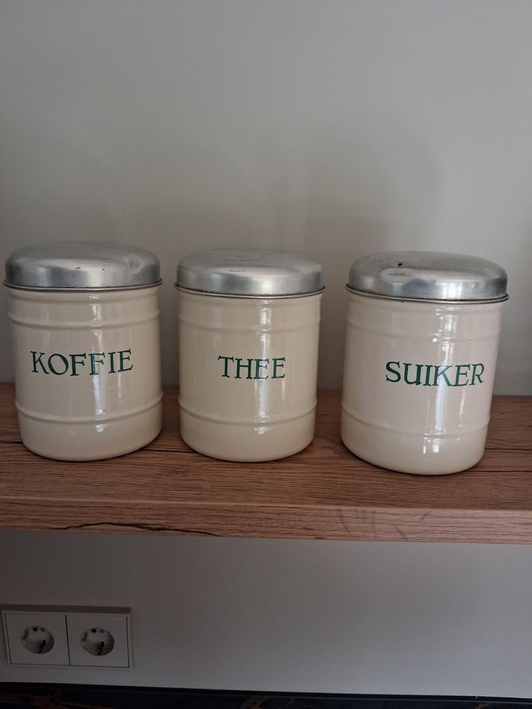 Mooie set voorraadbussen van emaille., Antiek en Kunst, Antiek | Emaille, Ophalen of Verzenden