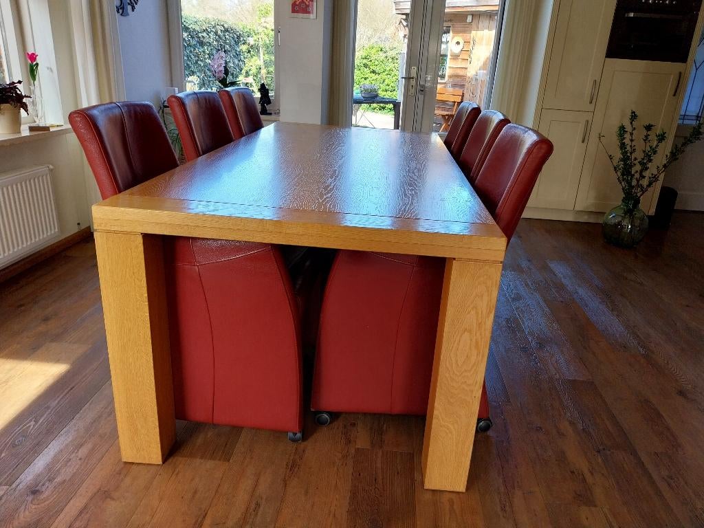 Eiken eetkamer met 6 leren stoelen, Ophalen, Gebruikt, 4 tot 6 stoelen