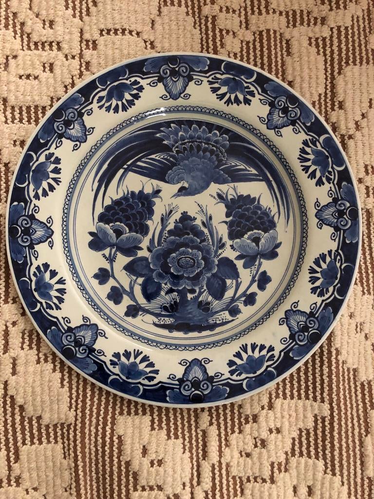 Prachtig Delfts Blauw Wandbord met Pauw en Bloemen, Ophalen of Verzenden