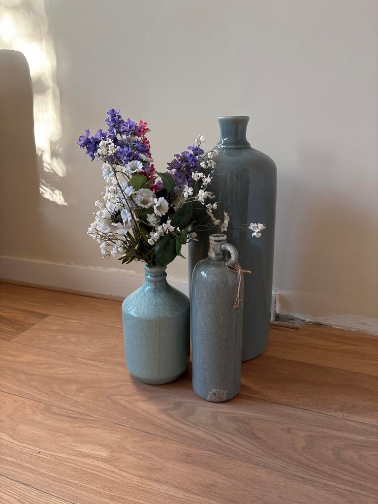 Decoratieve Vazenset Grijsblauw - 3 Stuks, Huis en Inrichting, Woonaccessoires | Vazen, Ophalen, Blauw, Aardewerk of Porselein