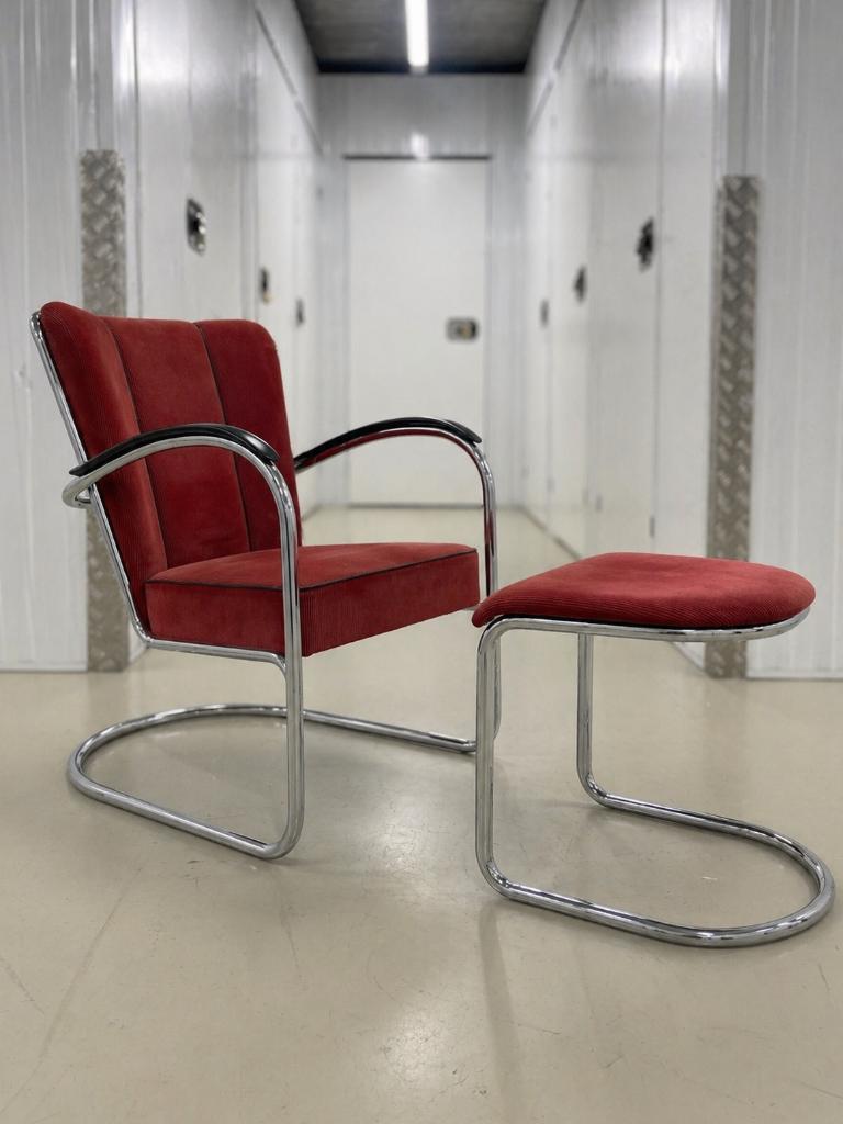W.H. Gispen stoel + hocker (Dutch originals), Huis en Inrichting, Stoelen, Ophalen, Gebruikt, Stof, Eén