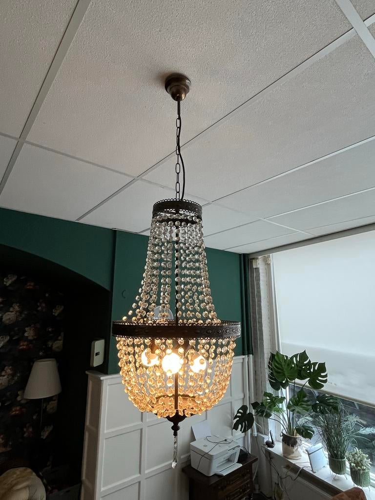 Elegante Kroonluchter met Kristallen, Huis en Inrichting, Lampen | Kroonluchters, Ophalen, Gebruikt, Metaal
