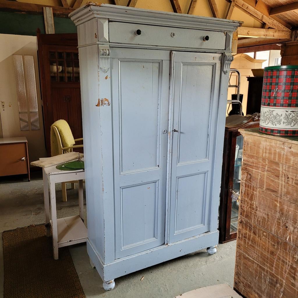 Brocante oude blauwe ondiepe biedermeierkast servieskast, Ophalen