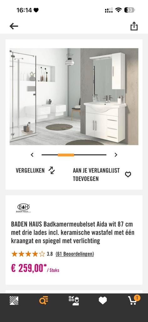 Baden Haus Badkamermeubelset Aida wit 87 cm, Huis en Inrichting, Badkamer | Badkamermeubels, Zo goed als nieuw, Wastafelkast, 100 tot 150 cm