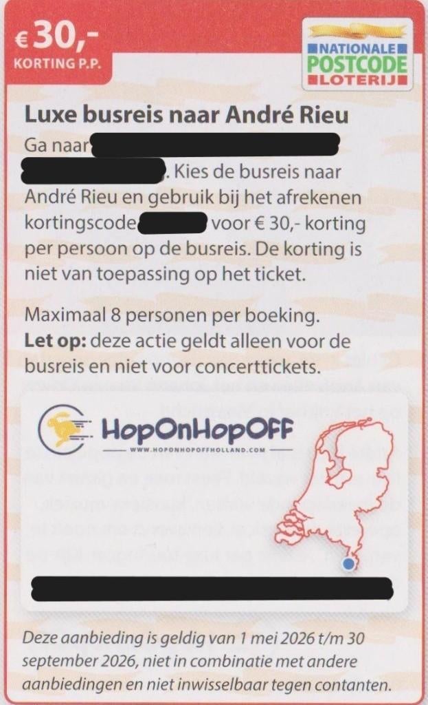 Luxe busreis naar André Rieu. €30,- korting pp. Postcode bon, Tickets en Kaartjes, Drie personen of meer, Bus, Metro of Tram, Nederland