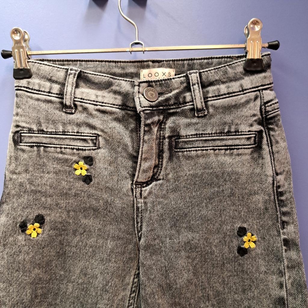 Looxs zwarte jeans met geel geborduurde bloemetjes 140 47706, Broek, Meisje, ., Ophalen of Verzenden