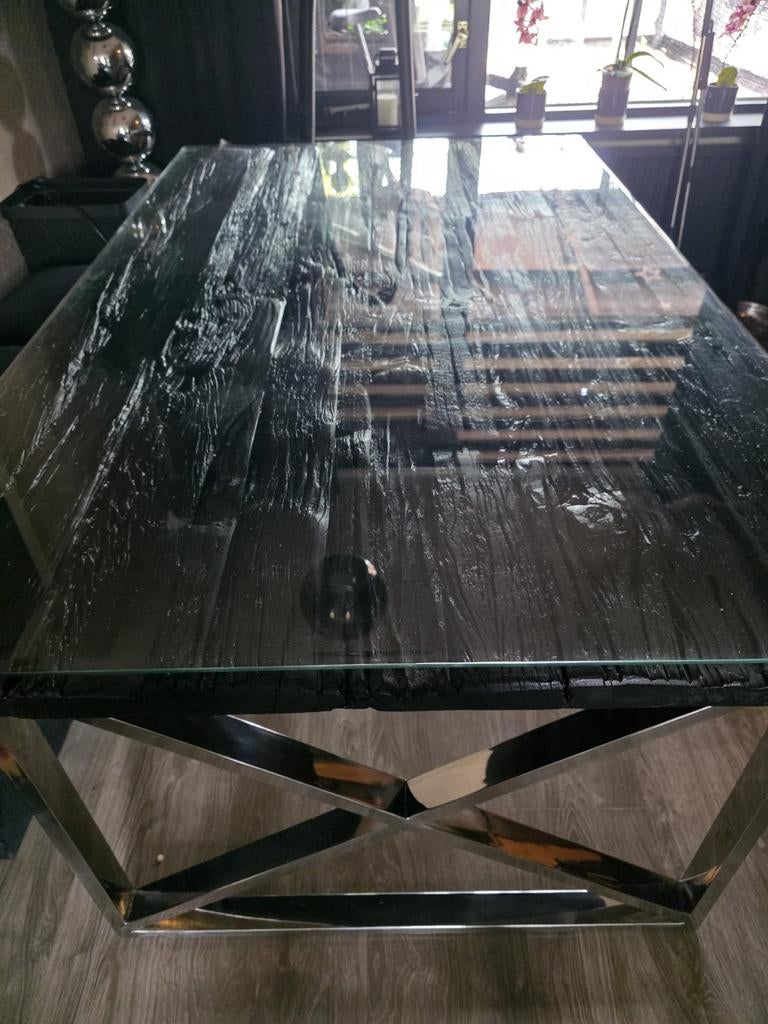 Richmond look tafel zwart met zilveren poten, Ophalen, Glas, 50 tot 100 cm, Zo goed als nieuw