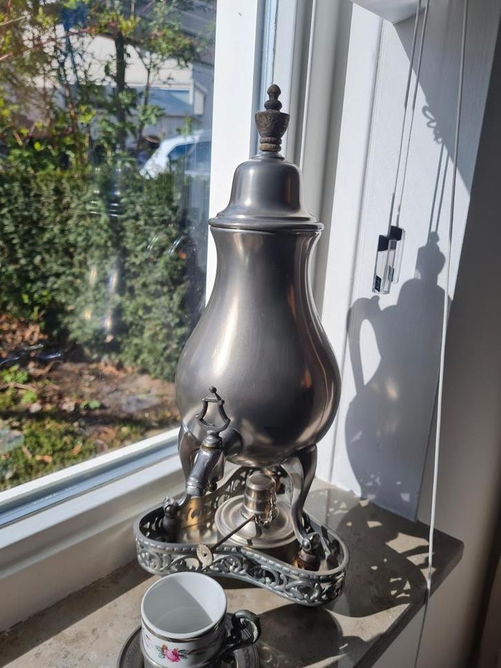 Tinnen koffiepot met brander en kraantje, plus kopje, Antiek en Kunst, Antiek | Tin, Ophalen of Verzenden
