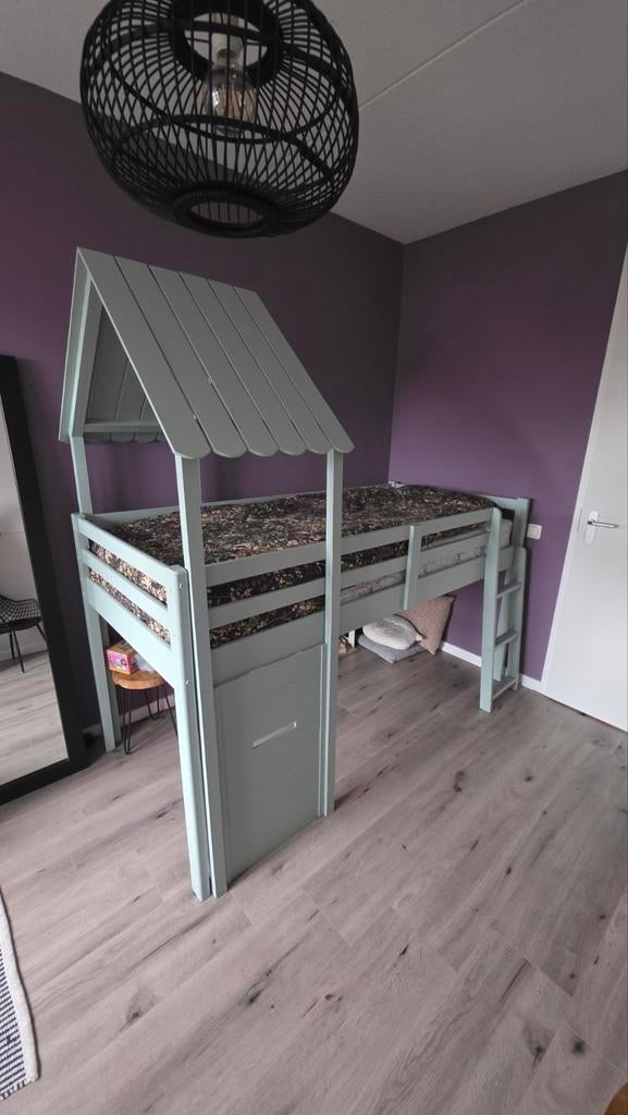 Halfhoogslaper 90x200 cm met dakje, Ophalen, 85 tot 100 cm, Gebruikt, Hoogslaper of Stapelbed