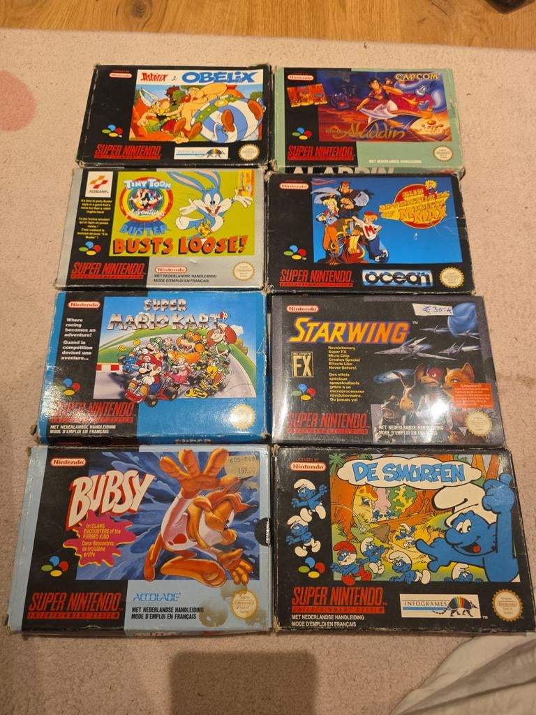 8 SNES Games - mario kart - mighty max - bubsy - smurfen, Spelcomputers en Games, Games | Nintendo Super NES, Gebruikt, Overige genres