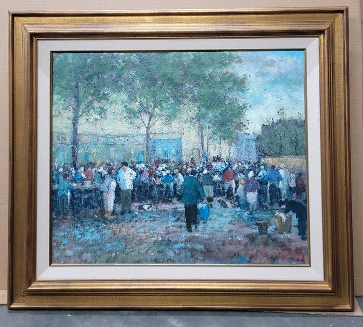 Maurice DE MEYER, druk geanimeerd markttafereel, Antiek en Kunst, Kunst | Schilderijen | Klassiek, Ophalen of Verzenden