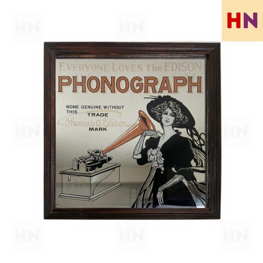 Vintage Edison Phonograph Reclamespiegel – Thomas Edison, Ophalen, Gebruikt, Reclamebord