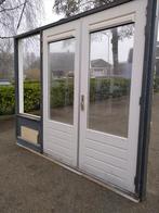 Hardhout kozijn met dubbele tuindeuren en zijlicht, Gebruikt, Ophalen of Verzenden, Buitendeur, Glas