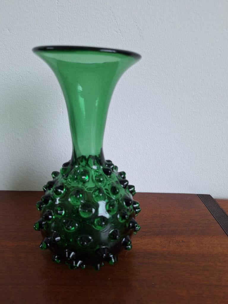 Italiaanse Empoli vaas, emerald green, noppenglas, Ophalen of Verzenden, Minder dan 50 cm, Groen, Glas