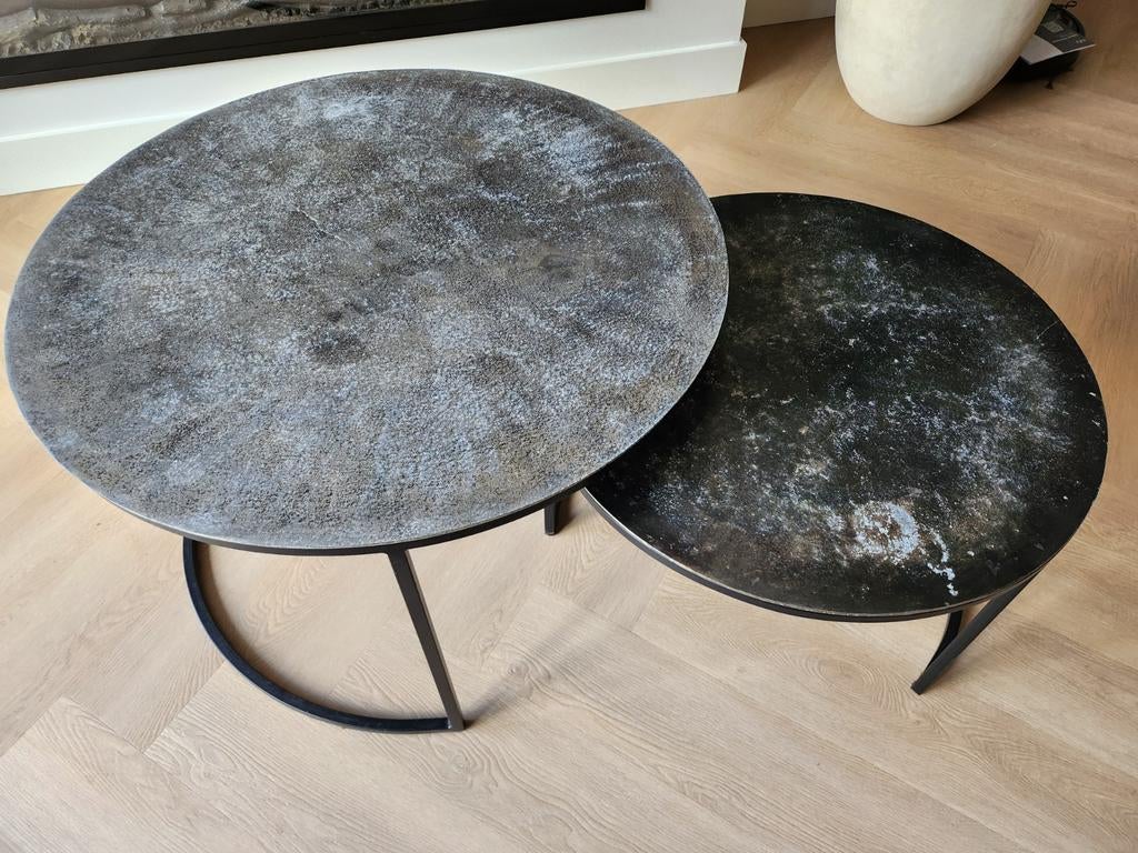 Ronde Salontafel, set van 2 van tin., Ophalen, 50 tot 100 cm, Rond, 50 tot 100 cm