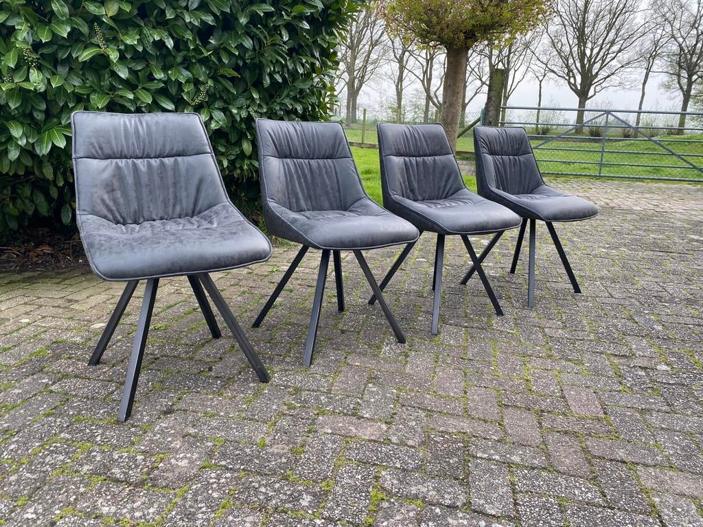 4 eetkamerstoelen met metalen poten • Grijs • Microleder, Ophalen, Leer, Zo goed als nieuw, Vier