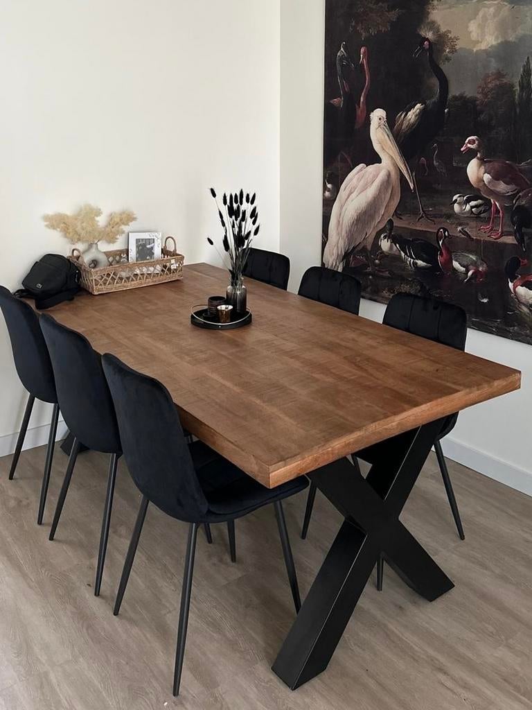 Eethoek met 6 stoelen - Robuuste houten tafel met zwarte sto, Ophalen of Verzenden, Zo goed als nieuw, 4 tot 6 stoelen