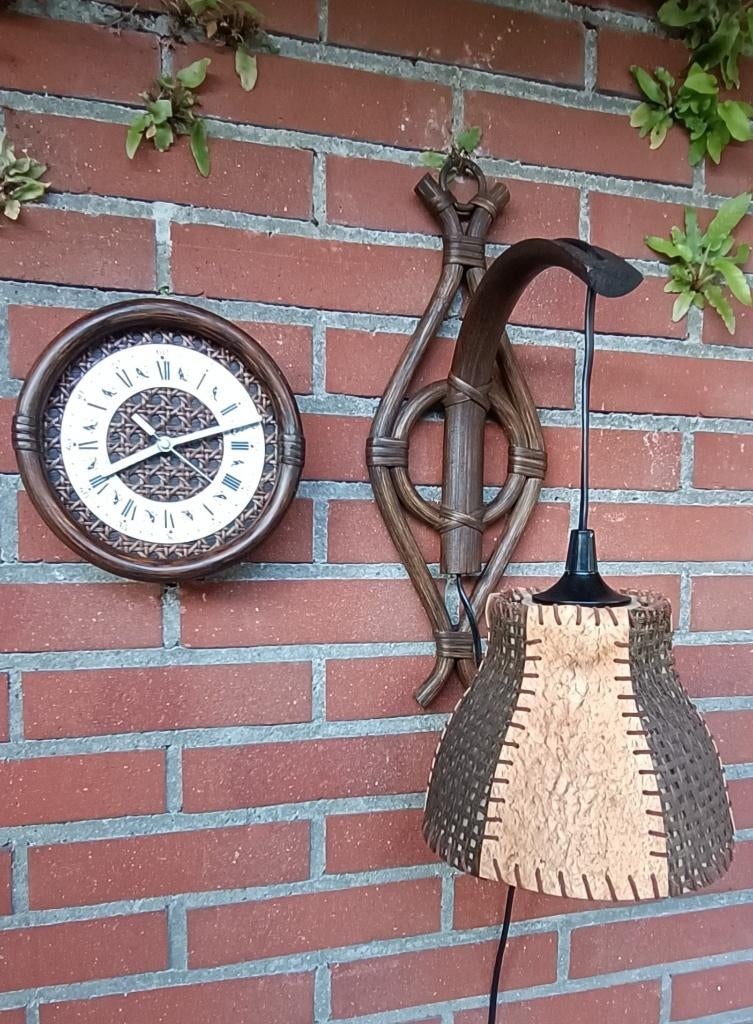 Rotan bohemian wandlamp -riet -leer -webbing -nostalgie 70s, Huis en Inrichting, Lampen | Wandlampen, Ophalen of Verzenden, Gebruikt