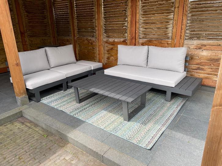 Tuin lounge set, Tuin en Terras, Tuinsets en Loungesets, Gebruikt, Loungeset, Aluminium, 5 zitplaatsen, Bank, Bijzettafel, Hocker