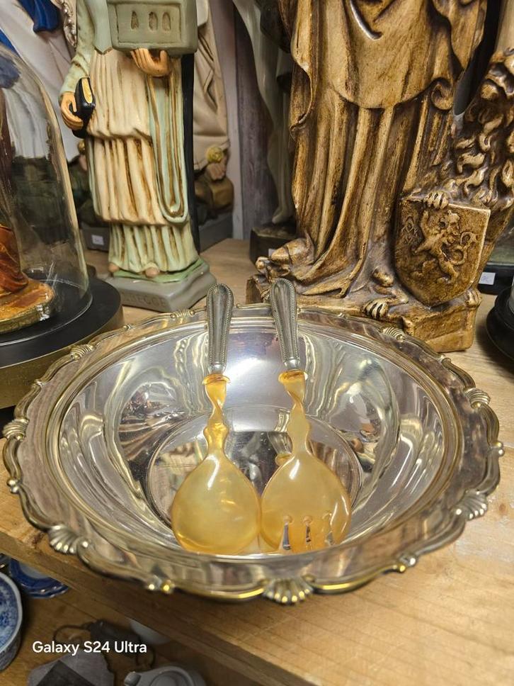 Verzilverde Schaal met opschep lepel en vork, Antiek en Kunst, Antiek | Bestek, Ophalen