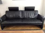 Zwart echt lederen bank met hoofdsteunen, Huis en Inrichting, Banken | Bankstellen, Ophalen, Gebruikt, Driepersoons, Rechte bank