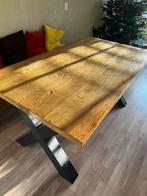 Iepenhouten eettafel 160x90 met stalen kruispoot, Ophalen, Gebruikt, 50 tot 100 cm, 150 tot 200 cm
