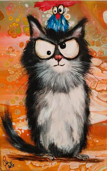 Schilderij Zwarte kat met vogel  beschikbaar voor biedingen