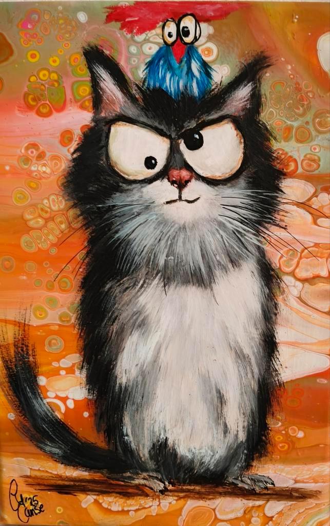 Schilderij Zwarte kat met vogel, Huis en Inrichting, Woonaccessoires | Schilderijen, Tekeningen en Foto's, Ophalen of Verzenden