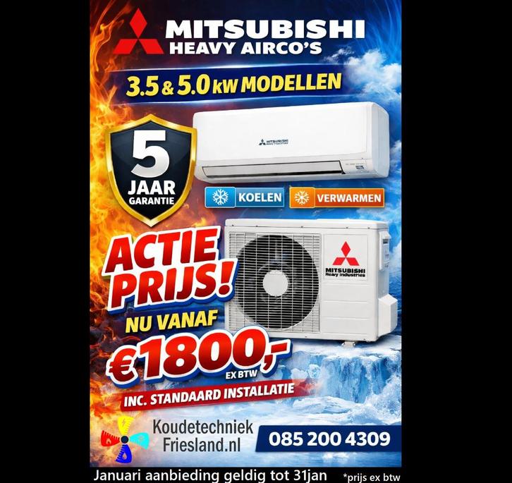 Mitsubishi Heavy Airco's - 5 jaar garantie, Witgoed en Apparatuur, Airco's, Nieuw, Wandairco, 100 m³ of groter, 3 snelheden of meer