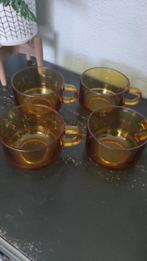 Vintage soepkommen amberkleurig glas 4x, Ophalen of Verzenden, Kom(men), Overige stijlen, Glas