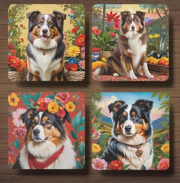 Australian Shepherd Frida Kahlo onderzetters met houder beschikbaar voor biedingen