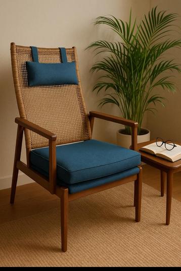 Rotan Stoel met Blauw Kussen - p.j. Muntendam beschikbaar voor biedingen