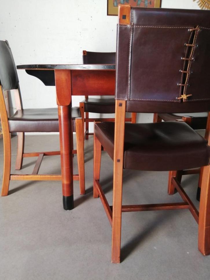 Art deco Schuitema Shaker eettafel met 4 stoelen, Huis en Inrichting, Stoelen, Gebruikt, Vier, Hout, Leer, Bruin, Ophalen