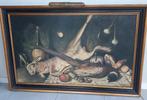 Groot schilderij jachttafereel gesigneerd met verlichting, Ophalen of Verzenden