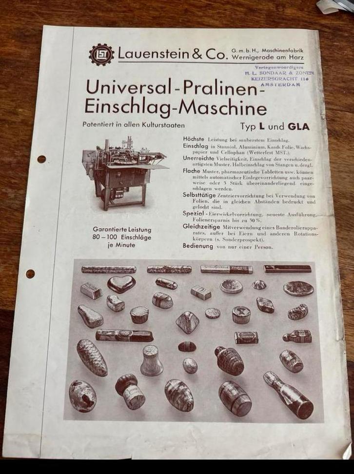 Lauenstein Pralinen Verpakkingsmachine Folder, Antiek en Kunst, Antiek | Boeken en Bijbels, Ophalen of Verzenden