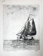 Zeilende tjalk, aan de wind. Ets, C.H. de Vries, Antiek en Kunst, Verzenden