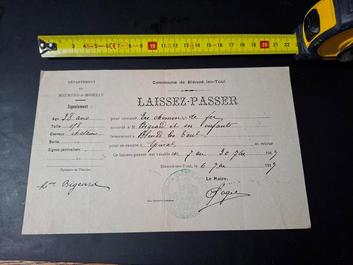 Laissez-Passer WOI - Frans Document wo1 ww1 Meurthe Moselle, Verzamelen, Militaria | Algemeen, Landmacht, Ophalen of Verzenden