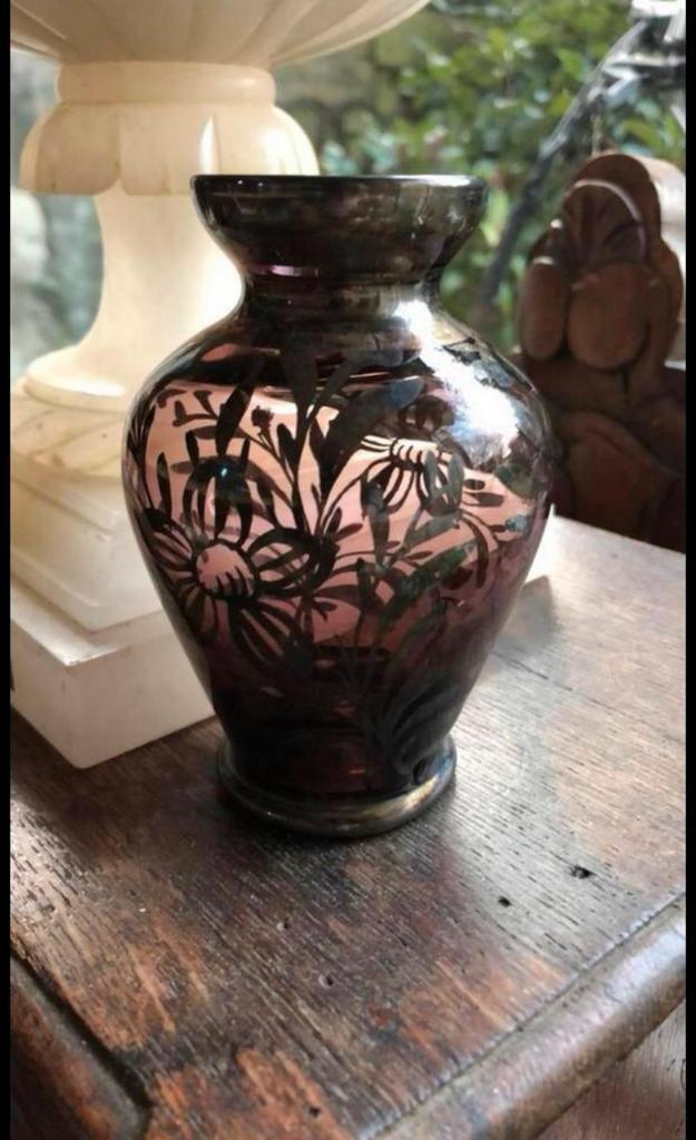 Klein vaasje met floraal zilverdecor, Antiek en Kunst, Antiek | Glas en Kristal, Ophalen of Verzenden