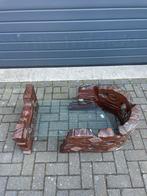 Antieke teakhouten salontafel met glasplaat, Ophalen of Verzenden, Gebruikt