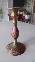 Koperen kandelaar met roze/groene geëmailleerde decoratie, Antiek en Kunst, Ophalen of Verzenden, Koper of Brons