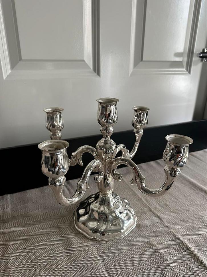 Brocante Zilveren Kandelaar 5-armig - silver plate, Diversen, Kerst, Ophalen of Verzenden