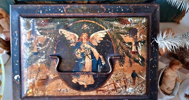 Groot antiek Kerstblik met Engelen en Kerstman afbeeldingen, Diversen, Kerst, Gebruikt, Verzenden