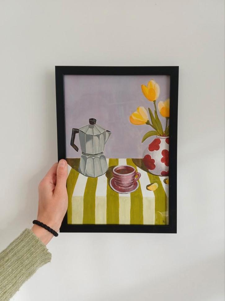 Modern stilleven schilderij van percolator, kopje koffie en, Antiek en Kunst, Kunst | Schilderijen | Modern, Ophalen of Verzenden