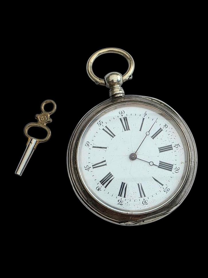Zilveren Zakhorloge met sleutel  grote 52 mm, Antiek en Kunst, Antiek | Goud en Zilver, Verzenden