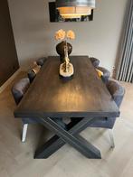 Massief eiken eettafel met stalen onderstel - 240x100, Ophalen, Gebruikt, 100 tot 150 cm, Eikenhout