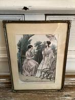 Oude franse mode prent in bolglas lijst, Antiek en Kunst, Ophalen of Verzenden