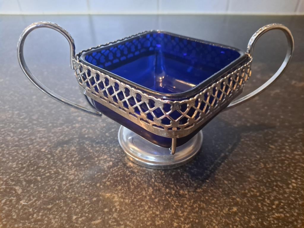 Antieke blauwe glazen suikerpot met houder, Ophalen of Verzenden