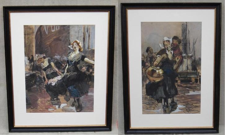 Aquarel, 2x Haven van Volendam, Erich Kips, Antiek en Kunst, Kunst | Schilderijen | Klassiek, Ophalen